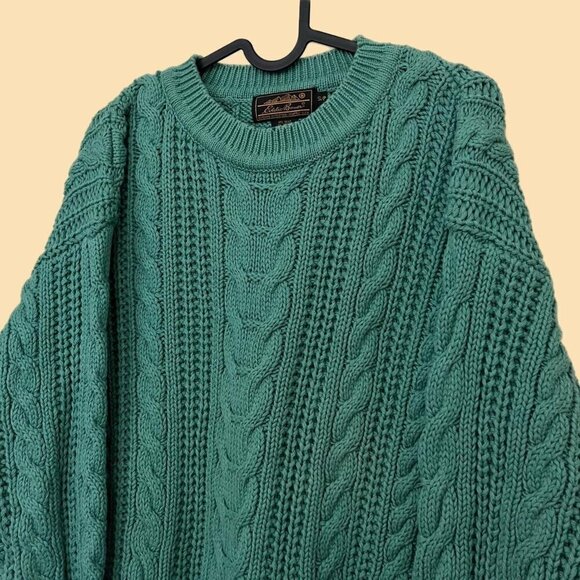 90s turquoise chunky cotton cable knit sweater - Picture 1 of 6